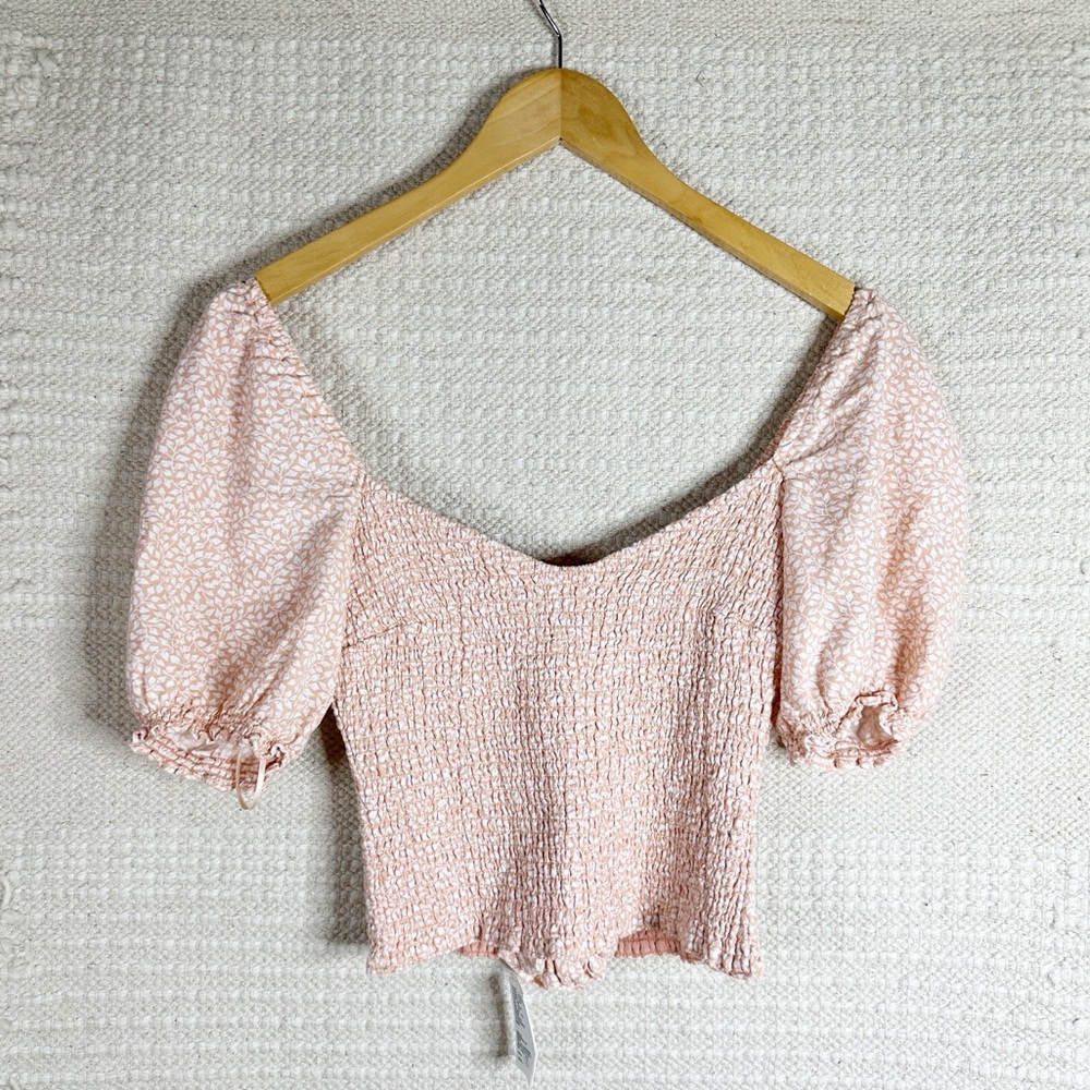 ABERCROMBIE white and orange floral smocked puff sleeve top with scrunchie S NEW